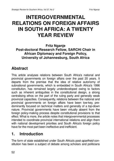 Pdf Intergovernmental Relations On Foreign Affairs In South Africa A