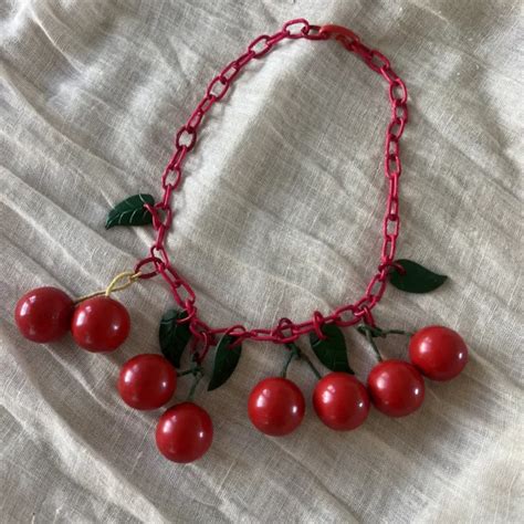 Vintage 1930s Bakelite Cherry Necklace Celluloid Chain Fruit Jewelry