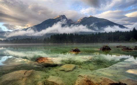 Landscape Nature Lake Mountain Forest Germany Clouds Mist Water