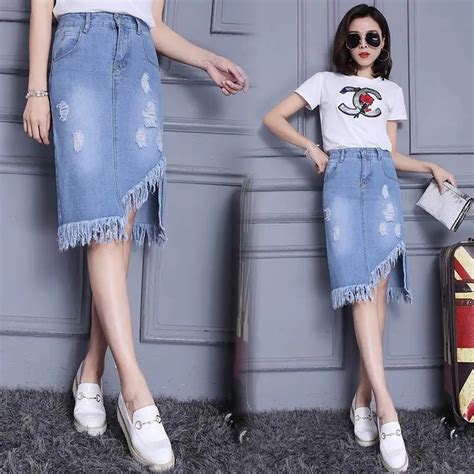 2017 Summer Denim Skirt New Cropped Ripped Fringe Midi Skirt Irregular