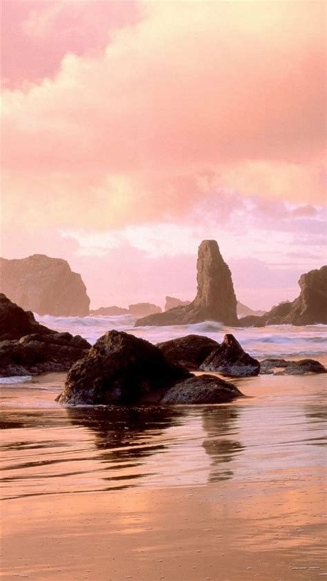 Pink Rock Ocean Sunset Landscape Iphone 8 Wallpapers Free Download