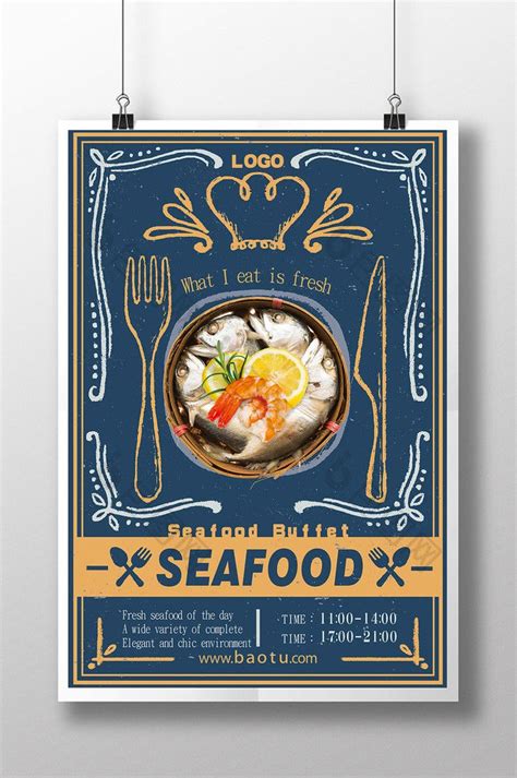 A Poster For Seafood Restaurant With Fork And Spoons On It Hanging