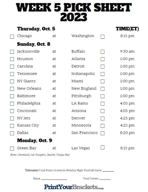 Printable Nfl Week 5 Schedule Pick Em Pool 2024