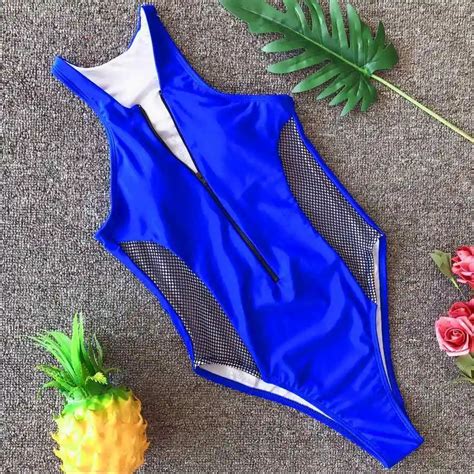 New Splicing Mesh One Piece Swimsuit Women Sexy V Neck Zipper Cut Out Monokini Push Up Swimwear