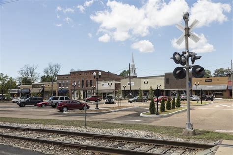Stores Along A Railroad Track Through Town In Batesville Mississippi