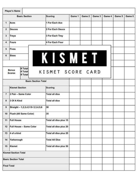 Kismet Score Card Kismet Scoring Game Record Level Keeper Book Kismet