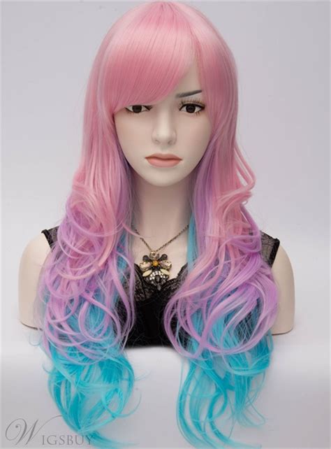 eye catching long wavy pink and blue cosplay party wig 28 inches longhair wavyhair cosplay