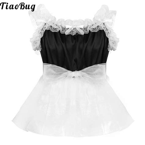 tiaobug mens sissy dress smooth soft elastic frilly ruffled lace shoulder straps satin tulle