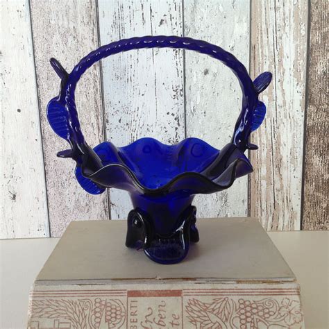 Polish Cobalt Blue Glass Basket Handblown Vintage Candy Dish Etsy Handmade Glass Bowls
