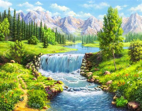 Beautiful Mountains And Flowing Water Stream All Diamond Painting