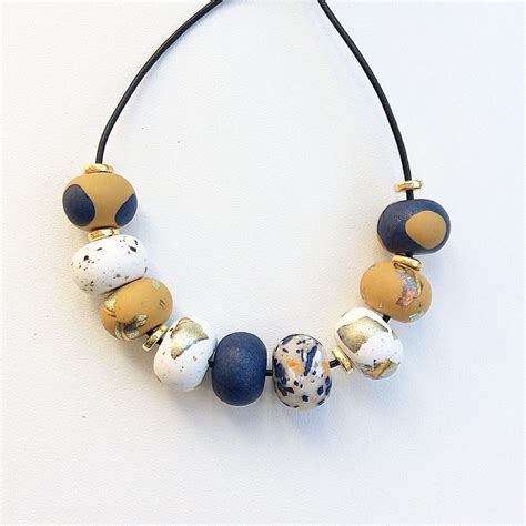Navy Mustard And White Bead Necklace Polymer Clay Necklace Beaded