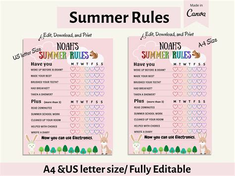 Cute Pink Editable And Printable Summer Rules Template Chore Etsy