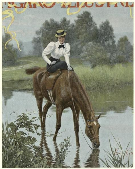 Woman In Riding Clothes Astride A Horse Drinking From A River Horse