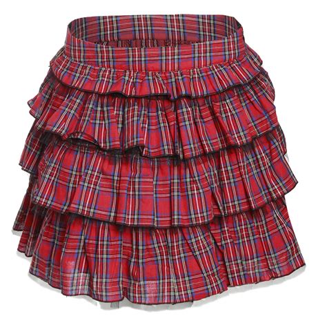 Ladies Womens Frilled Ruffle Mini Skirt Red Tartan Tiered Checked Skater Ebay