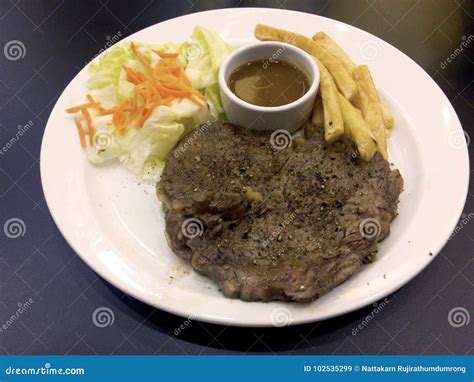 Black Pepper Meat Steak With Gravy Sauce French Fries And Salad Stock Image Image Of Choice
