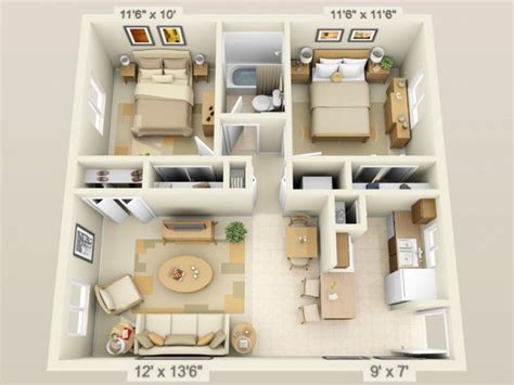 This energy efficient apartment comes with in home washer/dryer, built in microwave and expanded basic cable. 3D Floor Plan image 1 for the 2 Bedroom/1 Bath Floor Plan ...