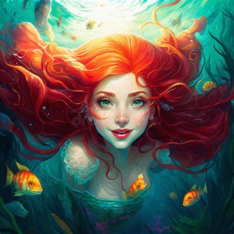 Beautiful Mermaid With Red Hair Illustration Stock Illustration