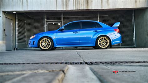 Subaru Wrx Sti Gv Blue With Gold Work Emotion Cr Kai Aftermarket Wheels