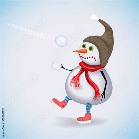 Surprised Snowman Playing Snowballs Winter Fun Vector Illustration