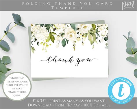White Floral Funeral Folding Thank You Card Template Greenery Etsy