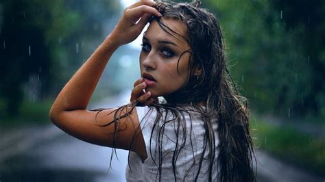 Women Brunette Model Water Drops Wet Blue Eyes Long Hair Rain