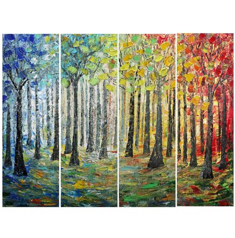 Large 4 Panels Painting Landscape Sunrise Sun Path Trees And Seasons
