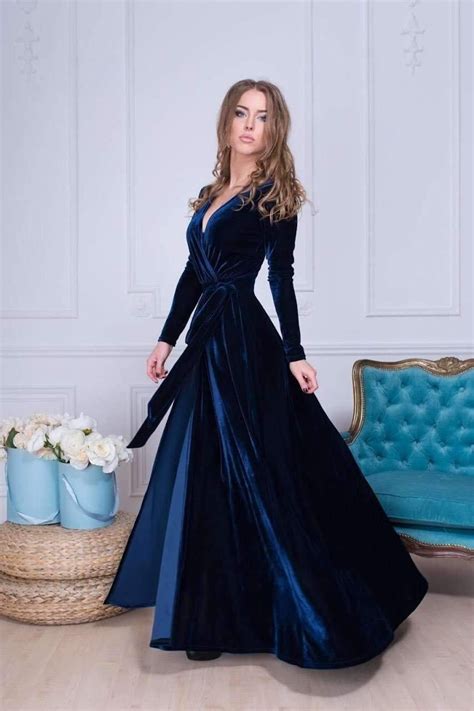 navy blue velvet dress long sleeve velvet dress wrap maxi dress