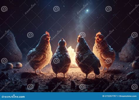 Chickens Stargazing In The Desert Under The Moonlight Stock