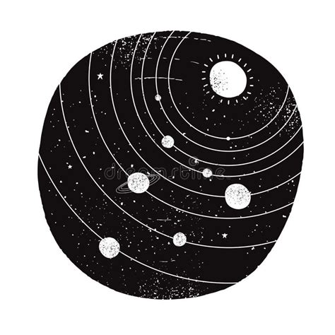 White Hand Drawn Solar System In A Black Irregular Round Shape Frame