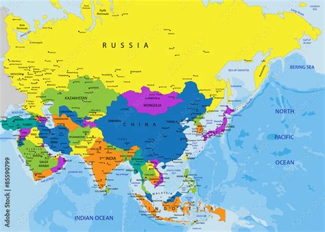 Plakat kolorowa mapa polityczna Azji z wyraźnie oznaczonymi