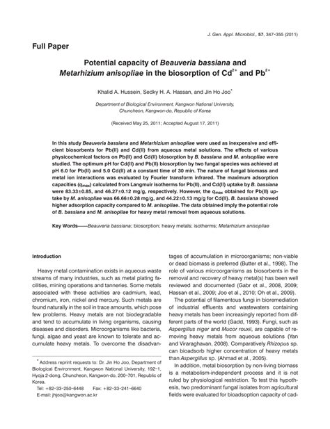 Pdf Potential Capacity Of Beauveria Bassiana And Metarhizium Anisopliae In The Biosorption Of