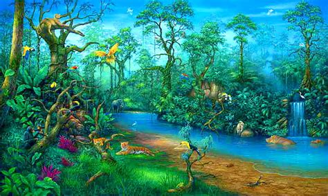 Tropical Rainforest Waterfalls With Animals