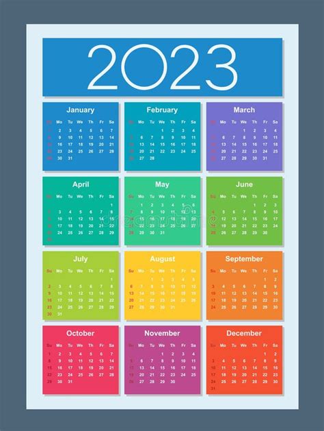 Calendário Colorido Para 2023 Ano Semana Começa Domingo Ilustração Do