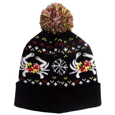 Maryland Flag Crab And Snowflake Black Knit Beanie Cap W Pom Pom