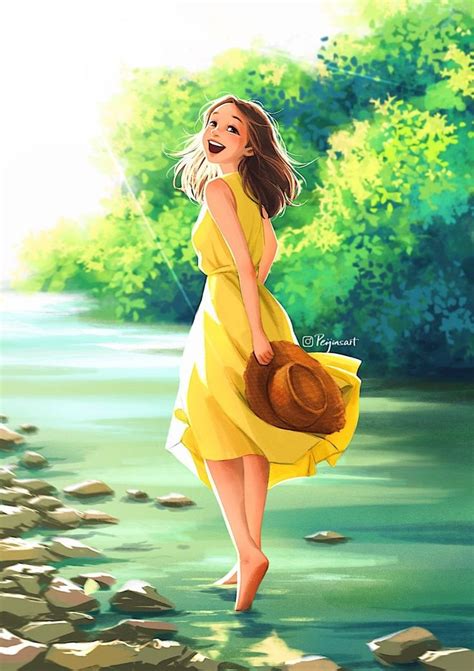 A Painting Of A Woman In A Yellow Dress Holding A Brown Bag And Walking