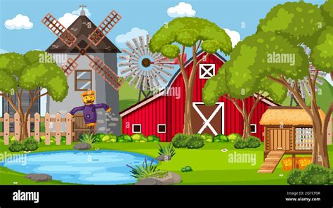 Empty Farm Scene With Red Barn And Windmill Illustration Stock Vector