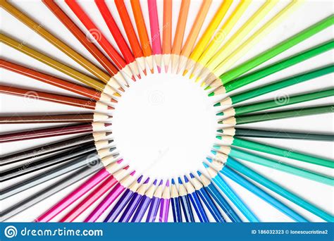 Group Of Mixed Colourful Pencils Arranged In Circle And Isolated On