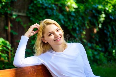 Feeling Free And Relaxed Woman Blonde Take Break Relaxing In Park You Deserve Break And Rest