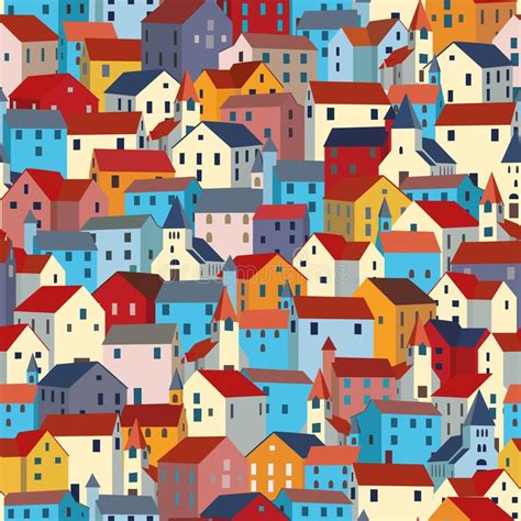 Seamless Pattern With Bright Colorful Houses City Or Town Texture