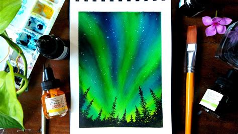 Northern Lights Watercolor Painting Tutorial Aurora Borealis Youtube