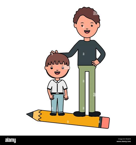 Cute Little Student Boy With Teacher And Pencil Vector Illustration