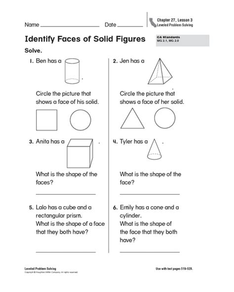 Identify Faces Of Solid Figures Worksheet For 1st 2nd Grade Lesson