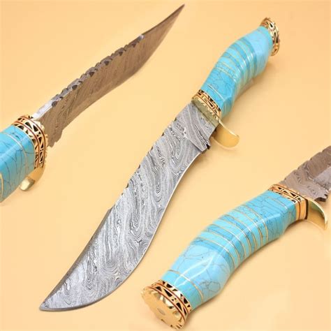 Handmade Damascus Steel Hunting Knife Turquoise Gemstone And Brass