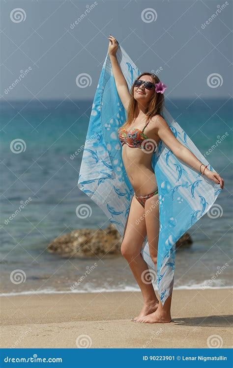 Young Woman In Bikini With A Scarf On Sea Background Stock Image Image Of Sunglasses Smile