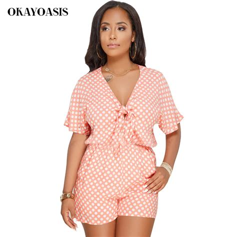 okayoasis 2018 deep v neck polka dot jumpsuits rompers women cute preepy summer plasuits female