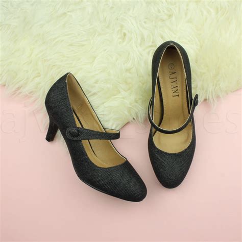 Womens Ladies Low Mid Heel Mary Jane Strap Work Party Court Shoes Pumps