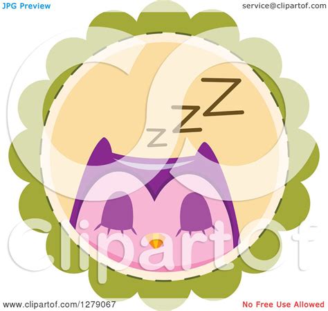 Clipart Of A Cute Sleeping Purple Owl On A Green Badge Royalty Free