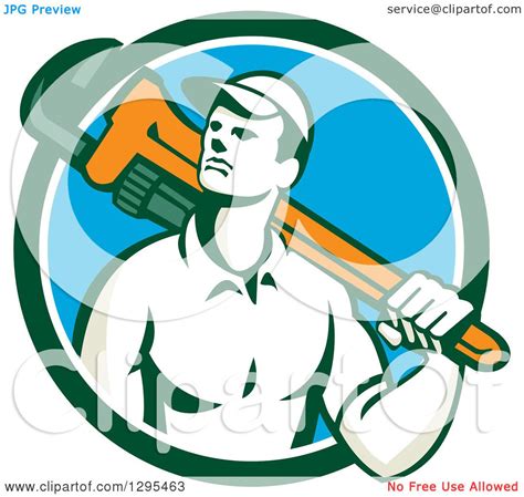 Clipart Of A Retro Male Plumber Holding A Monkey Wrench Over His