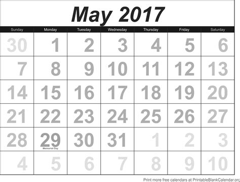 May 2017 Blank Calendar Template Printable Blank