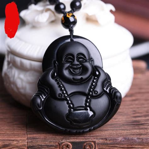 Natural Black Obsidian Pendant Carved Buddha Necklace For Women Men